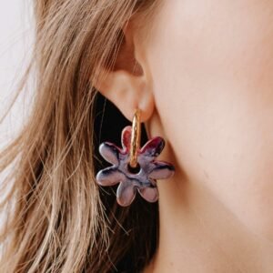 créoles fleurs Morelia Nuit Rosée en céramique rose et noire, boucles d’oreilles artisanales faites main en France