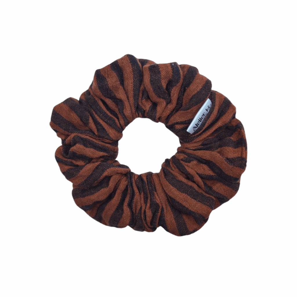 chouchou Barfleur en double gaze de coton marron fait main, accessoire cheveux artisanal