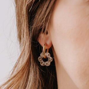 créoles fleurs Noron en acétate tacheté caramel, boucles d’oreilles artisanales dorées faites main en France