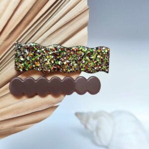 duo de barrettes en résine Ambrelia Marron, artisanales et faites main, marron et pailletée dorée